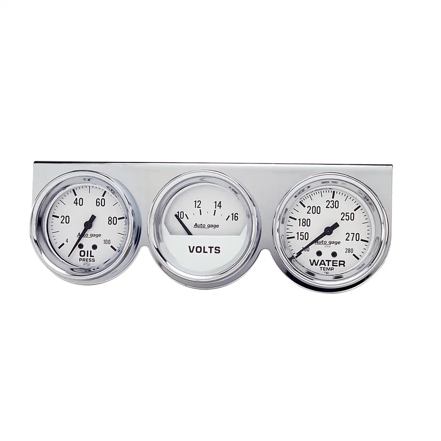 GAUGE CONSOLE; OILP/WTMP/VOLT; 2 5/8in.; 100PSI/280deg.F/16V; WHT DIAL; CHRME BZ