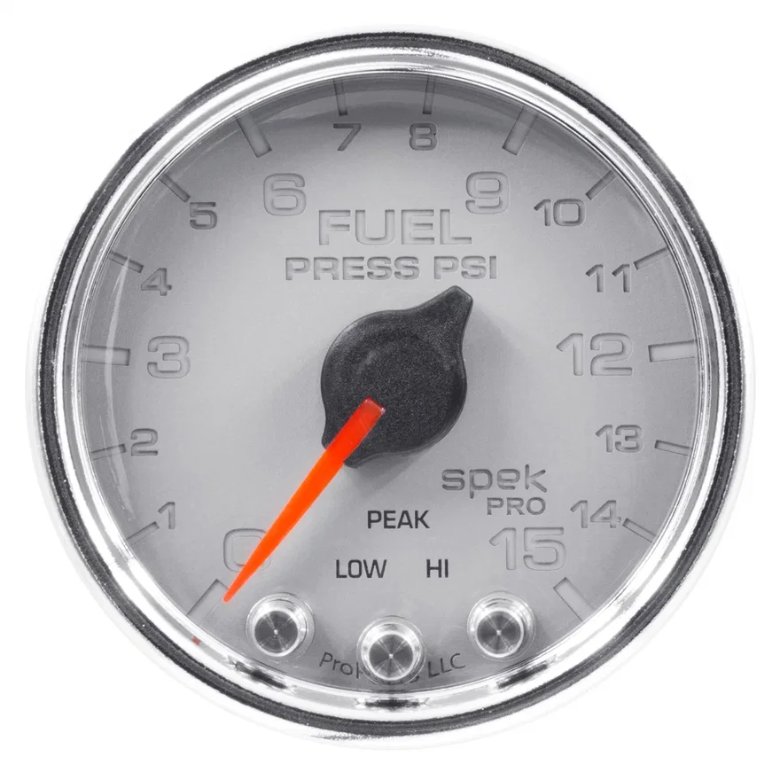 GAUGE; FUEL PRESS; 2 1/16in.; 15PSI; STEPPER MOTOR W/PEAK/WARN; SLVR/CHRM; SPEK