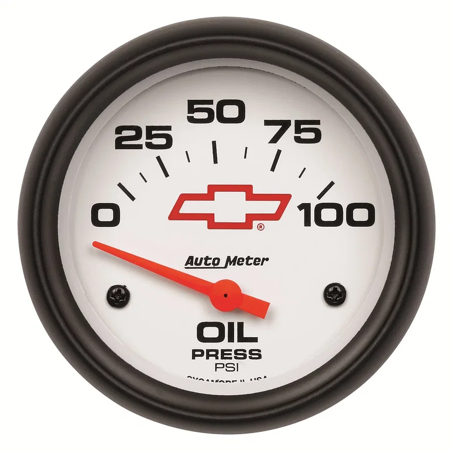 GAUGE; OIL PRESSURE; 2 5/8in.; 100PSI; ELECTRIC; CHEVY RED BOWTIE; WHITE