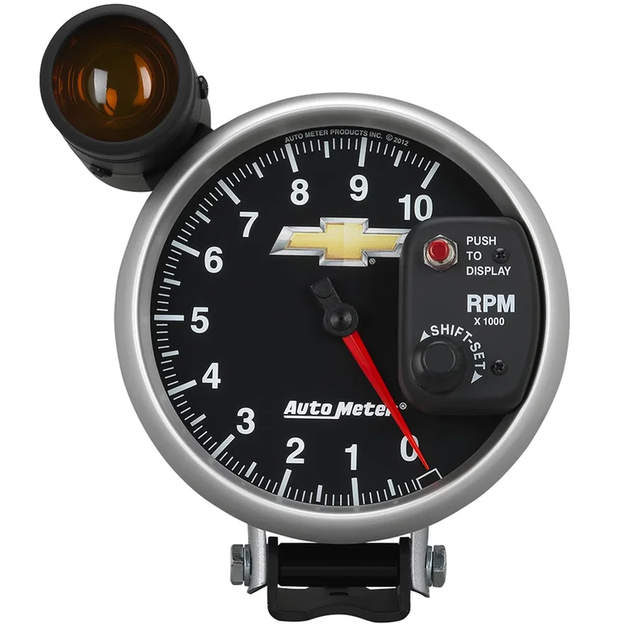 GAUGE; TACH; 5in.; 10K RPM; PEDESTAL W/EXT. SHIFT-LITE; CHEVY GOLD BOWTIE