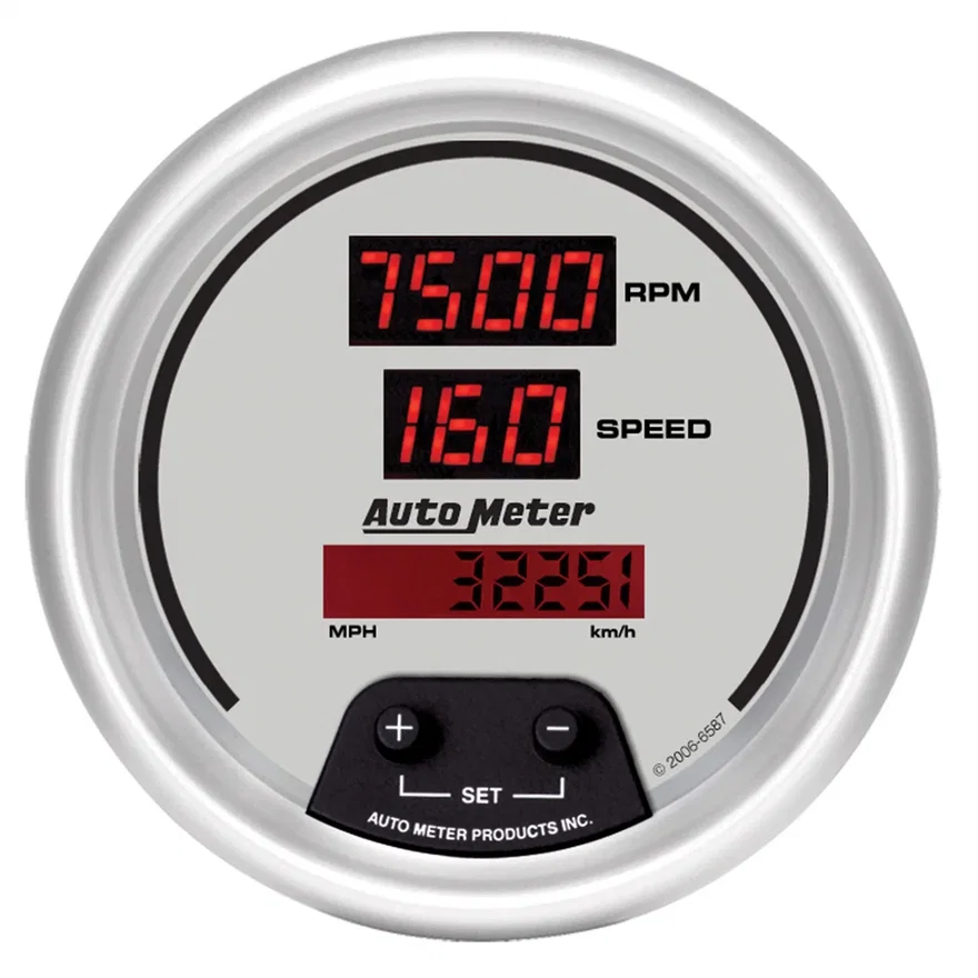 GAUGE; TACH/SPEED; 3 3/8in.; 260MPH/260KMH/10KRPM; ELEC PRGRM; DIG; SLVR W/RD LE
