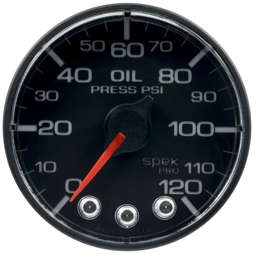 GAUGE; OIL PRESS; 2 1/16in.; 120PSI; STPR MTR W/PK/WRN; BK/BK; SPEK; NO O-RING