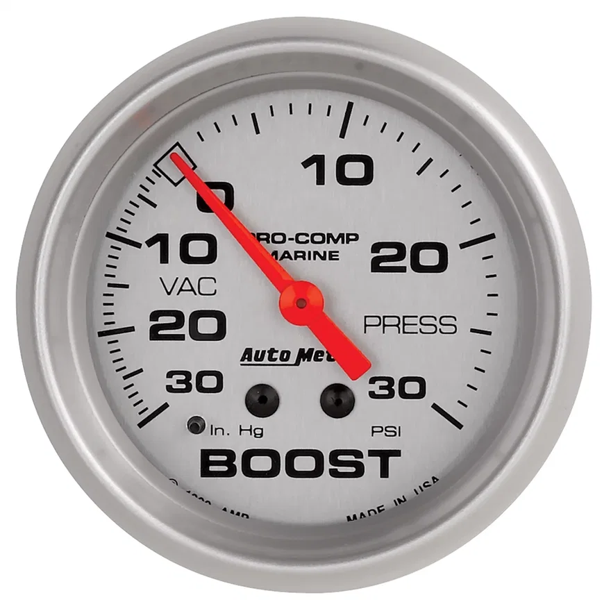 GAUGE; VAC/BOOST; 2 5/8in.; 30INHG-30PSI; MECHANICAL; MARINE SILVER