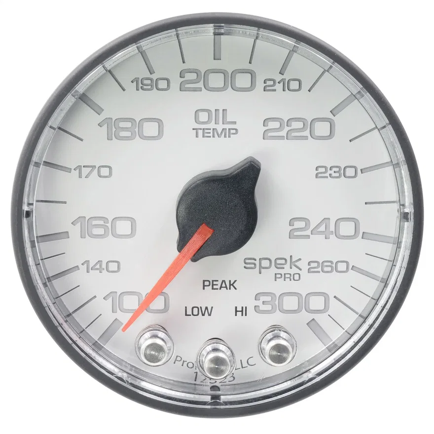 GAUGE; OIL TEMP; 2 1/16in.; 300deg.F; STEPPER MOTOR W/PEAK/WARN; WHT/BLK; SPEK-P