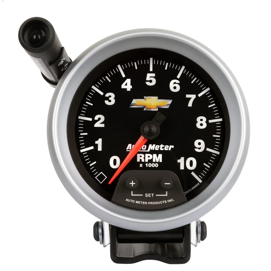 GAUGE; TACHOMETER; 3 3/4in.; 10K RPM; PEDESTAL W/EXT. QUICK-LITE; CHEVY GOLD BOW