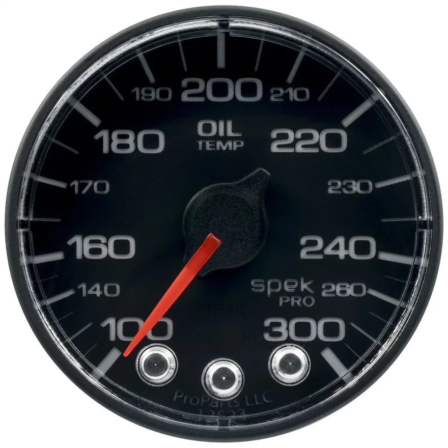 GAUGE; OIL TEMP; 2 1/16in.; 300deg.F; STEPPER MTR W/PK/WRN; BK/BK; SPEK; NO O-RI