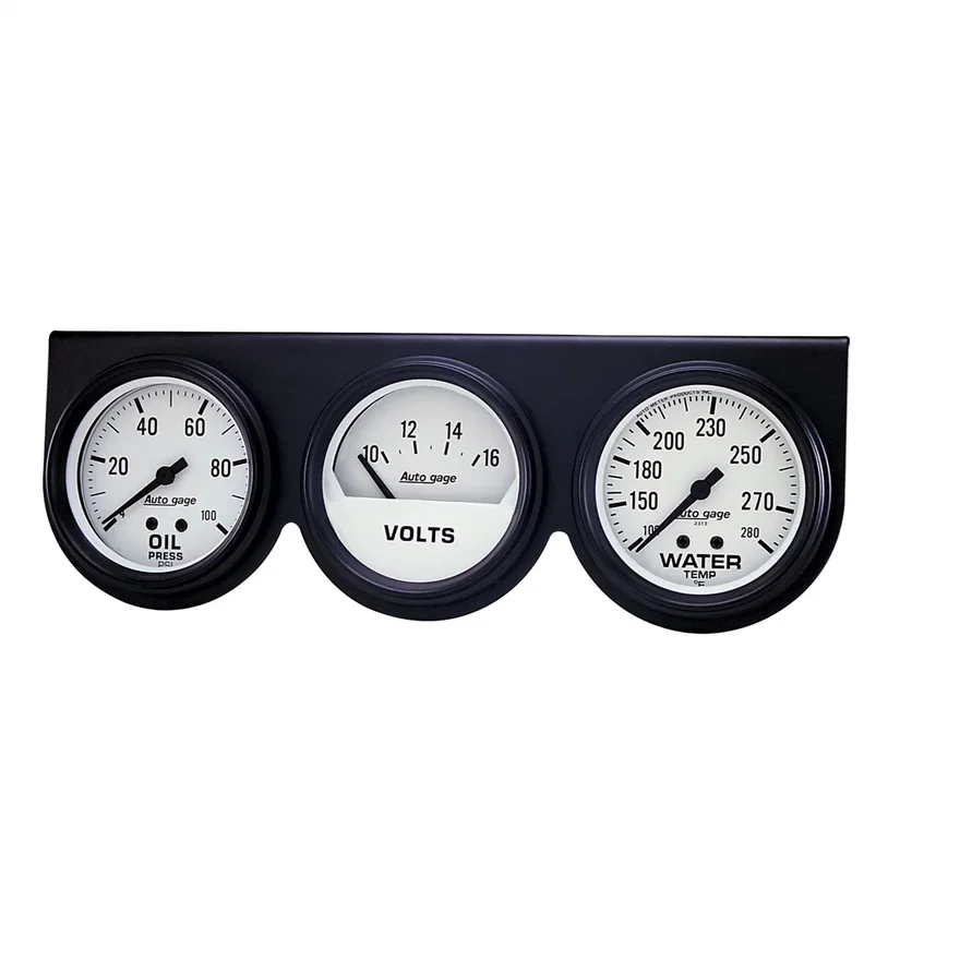 GAUGE CONSOLE; OILP/WTMP/VOLT; 2 5/8in.; 100PSI/280deg.F/16V; WHT DIAL; BLK BZL;