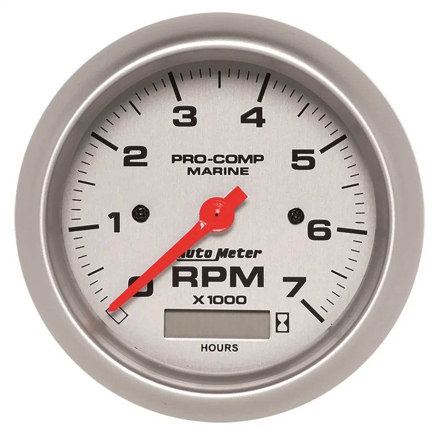 GAUGE; TACHOMETER; 3 3/8in.; 7K RPM; W/HOURMETER; MARINE SILVER