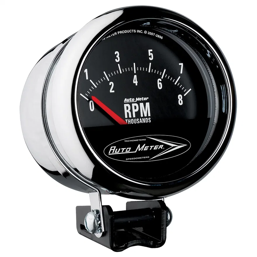 GAUGE; TACH; 3 3/4in.; 8K RPM; PEDESTAL W/RETRO SHORT SWEEP; TRADITIONAL CHROME