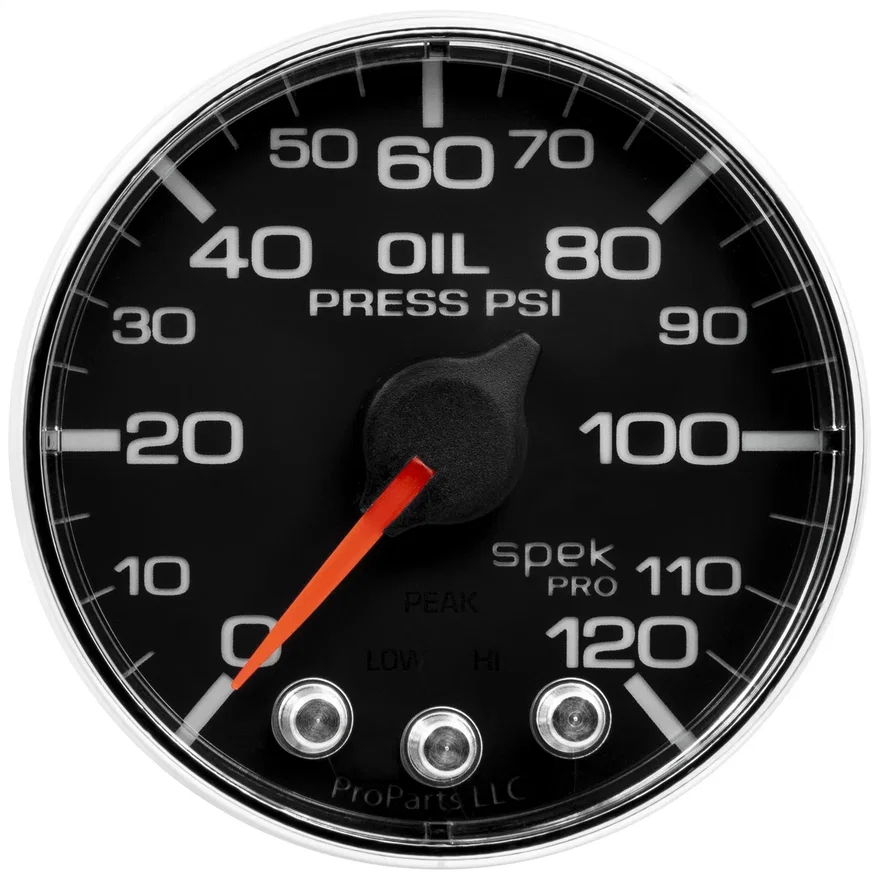 GAUGE; OIL PRESS; 2 1/16in.; 120PSI; STEPPER MOTOR W/PEAK/WARN; BLK/CHRM; SPEK