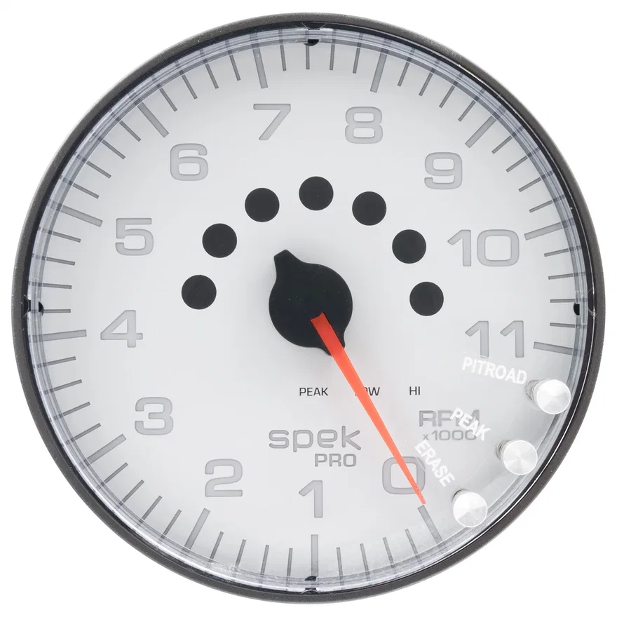 GAUGE; TACHOMETER; 5in.; 11K RPM; W/SHIFT LIGHT/PEAK MEM; WHITE/BLACK; SPEK-PRO