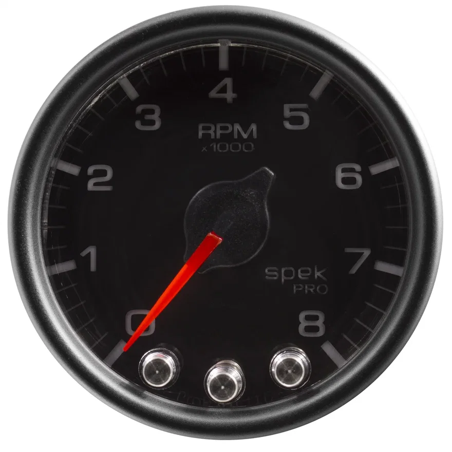 GAUGE; TACH; 2 1/16in.; 8K RPM; W/SHIFT LIGHT/PEAK MEM; BLK/BLK; SPEK-PRO