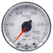 GAUGE; BOOST; 2 1/16in.; 60PSI; STEPPER MOTOR W/PEAK/WARN; WHT/CHRM; SPEK-PRO image 1