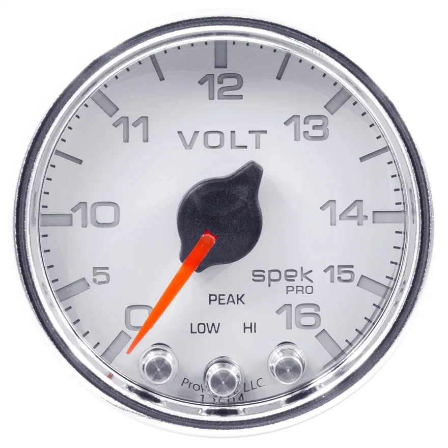 GAUGE; VOLTMETER; 2 1/16in.; 16V; STEPPER MOTOR W/PEAK/WARN; WHT/CHRM; SPEK-PRO