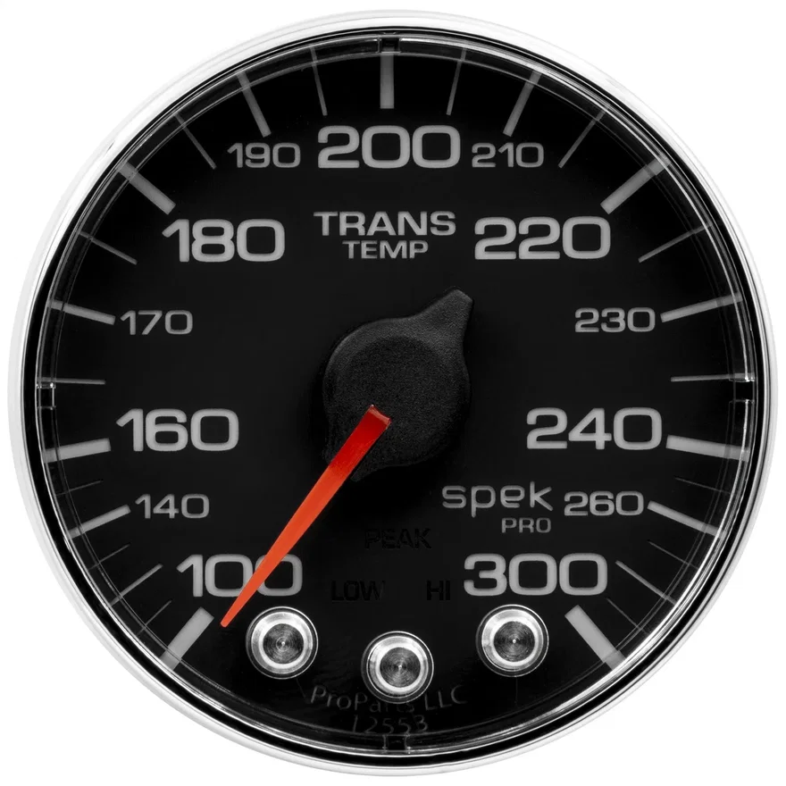 GAUGE; TRANS TEMP; 2 1/16in.; 300deg.F; STEPPER MOTOR W/PK/WRN; BLK/CHRM; SPEK-P