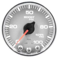 GAUGE; BOOST; 2 1/16in.; 100PSI; STEPPER MOTOR W/PEAK/WARN; SLVR/CHRM; SPEK-PRO image 2