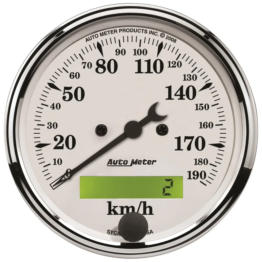 GAUGE; SPEEDOMETER; 3 1/8in.; 190KM/H; ELEC. PROG. W/LCD ODO; OLD TYME WHITE