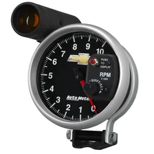 GAUGE; TACH; 5in.; 10K RPM; PEDESTAL W/EXT. SHIFT-LITE; CHEVY GOLD BOWTIE image 2