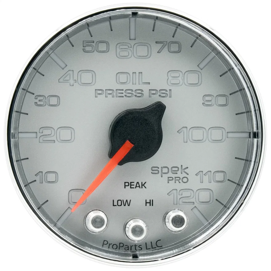 GAUGE; OIL PRESS; 2 1/16in.; 120PSI; STEPPER MOTOR W/PEAK/WARN; SLVR/CHRM; SPEK