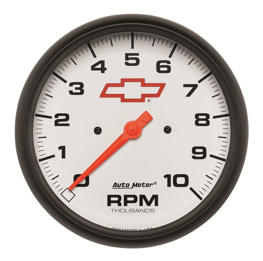GAUGE; TACHOMETER; 5in.; 10K RPM; IN-DASH; CHEVY RED BOWTIE; WHITE
