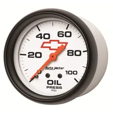 GAUGE; OIL PRESSURE; 2 5/8in.; 100PSI; MECHANICAL; CHEVY RED BOWTIE; WHITE image 2