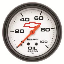GAUGE; OIL PRESSURE; 2 5/8in.; 100PSI; MECHANICAL; CHEVY RED BOWTIE; WHITE image 1