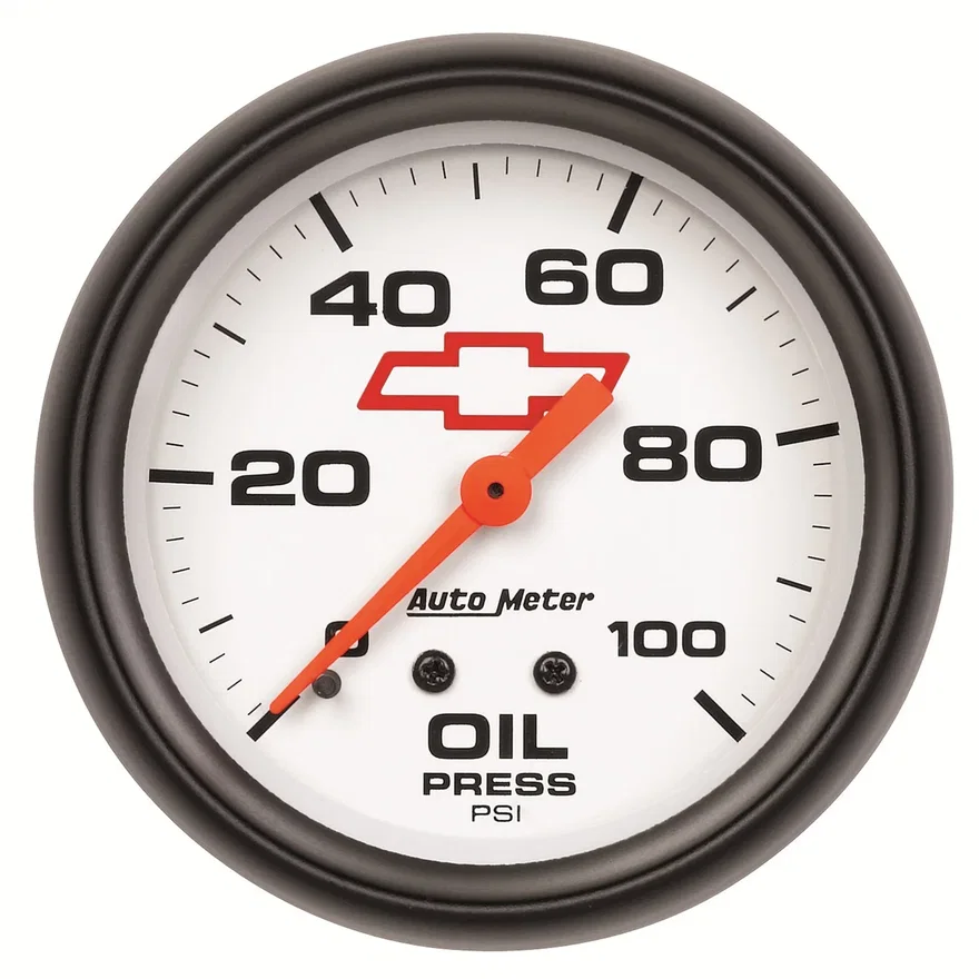 GAUGE; OIL PRESSURE; 2 5/8in.; 100PSI; MECHANICAL; CHEVY RED BOWTIE; WHITE