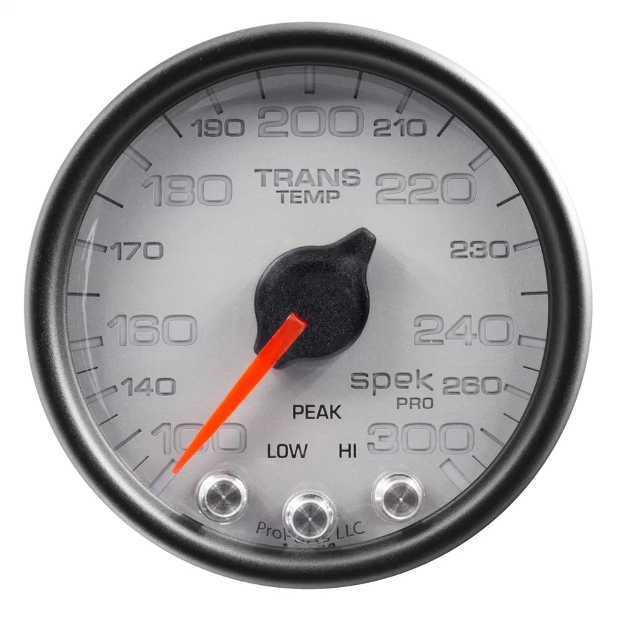GAUGE; TRANS TEMP; 2 1/16in.; 300deg.F; STEPPER MOTOR W/PK/WRN; SLVR/BLK; SPEK-P