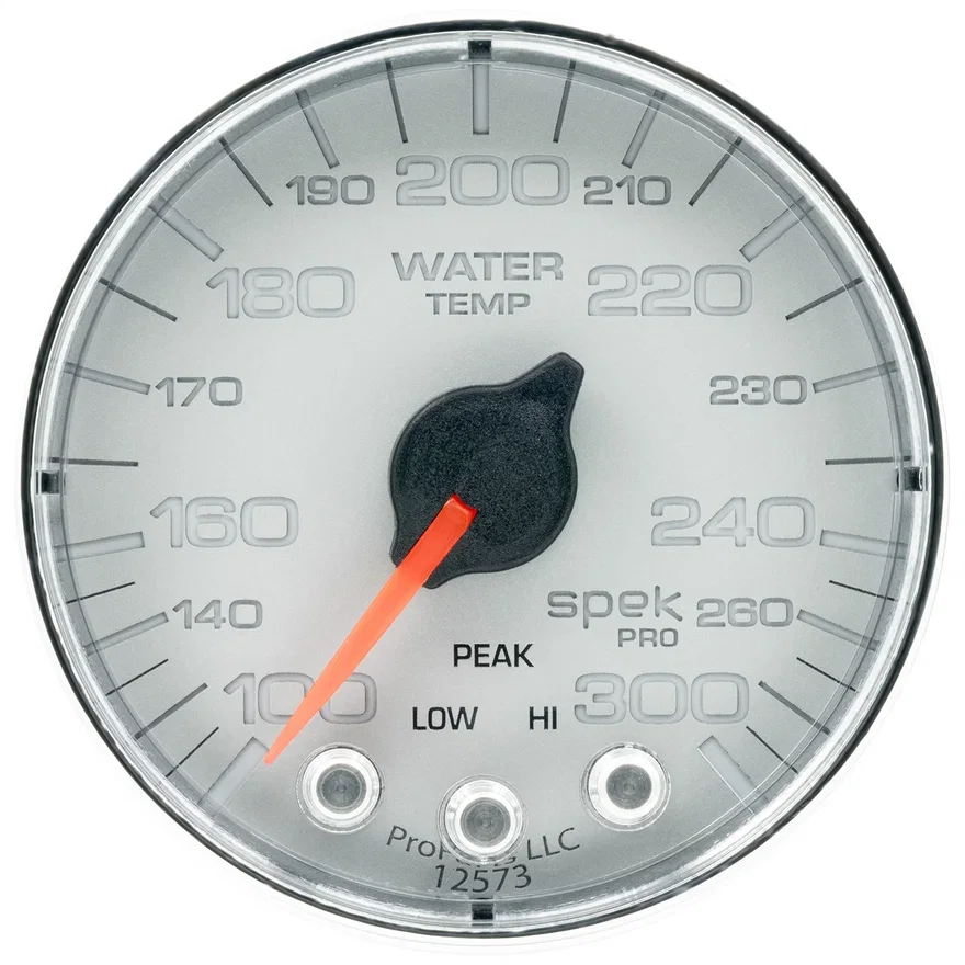 GAUGE; WATER TEMP; 2 1/16in.; 300deg.F; STEPPER MOTOR W/PEAK/WARN; SLVR/CHRM; SP
