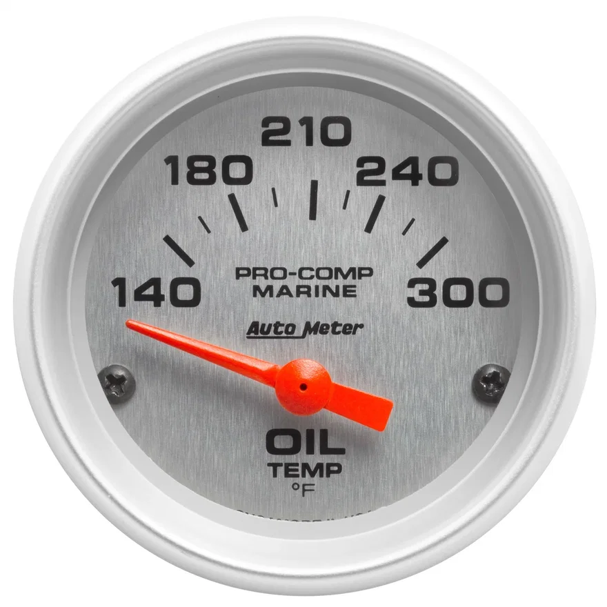 GAUGE; OIL TEMP; 2 1/16in.; 140-300deg.F; ELECTRIC; MARINE SILVER