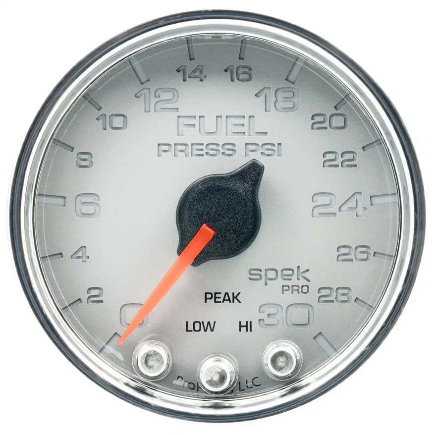 GAUGE; FUEL PRESS; 2 1/16in.; 30PSI; STEPPER MOTOR W/PEAK/WARN; SLVR/CHRM; SPEK