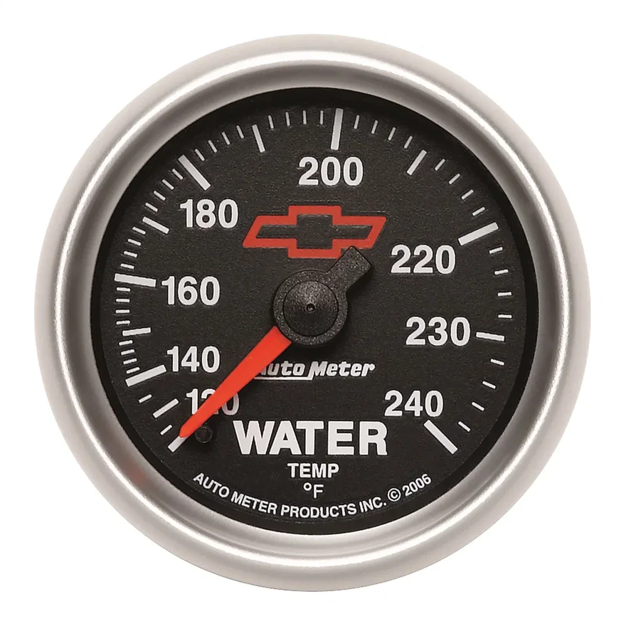 GAUGE; WATER TEMP; 2 1/16in.; 120-240deg.F; MECHANICAL; CHEVY RED BOWTIE; BLACK