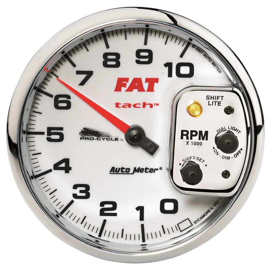 GAUGE; TACH; 5in.; 10K RPM; SHIFT-LITE; 2/4 CYLINDER; WHITE; FAT TACH; PRO-CYCLE