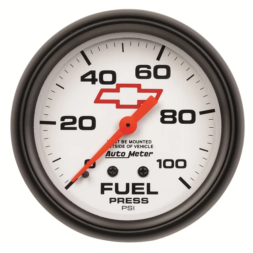 GAUGE; FUEL PRESS; 2 5/8in.; 100PSI; MECHANICAL; CHEVY RED BOWTIE; WHITE