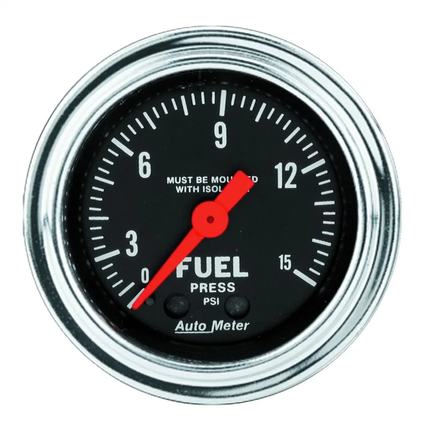 GAUGE; FUEL PRESSURE; 2 1/16in.; 15PSI; MECH. W/ISOLATOR; TRADITIONAL CHROME