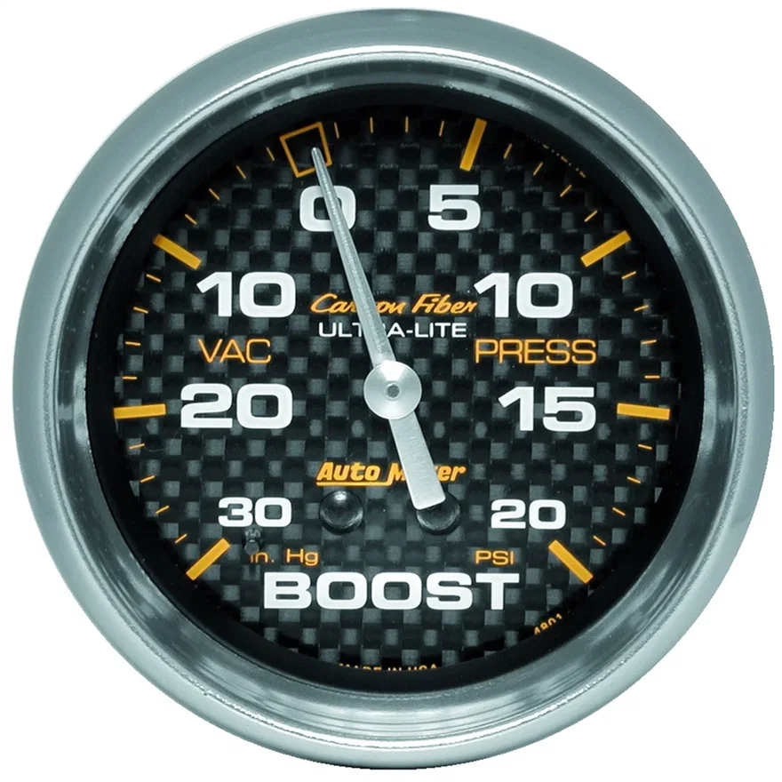 GAUGE; VAC/BOOST; 2 5/8in.; 30INHG-20PSI; MECHANICAL; CARBON FIBER