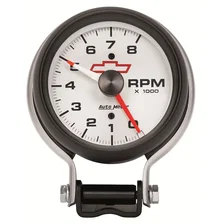 GAUGE; TACHOMETER; 3 3/4in.; 8K RPM; PEDESTAL W/RED LINE; CHEVY RED BOWTIE; WHIT image 1