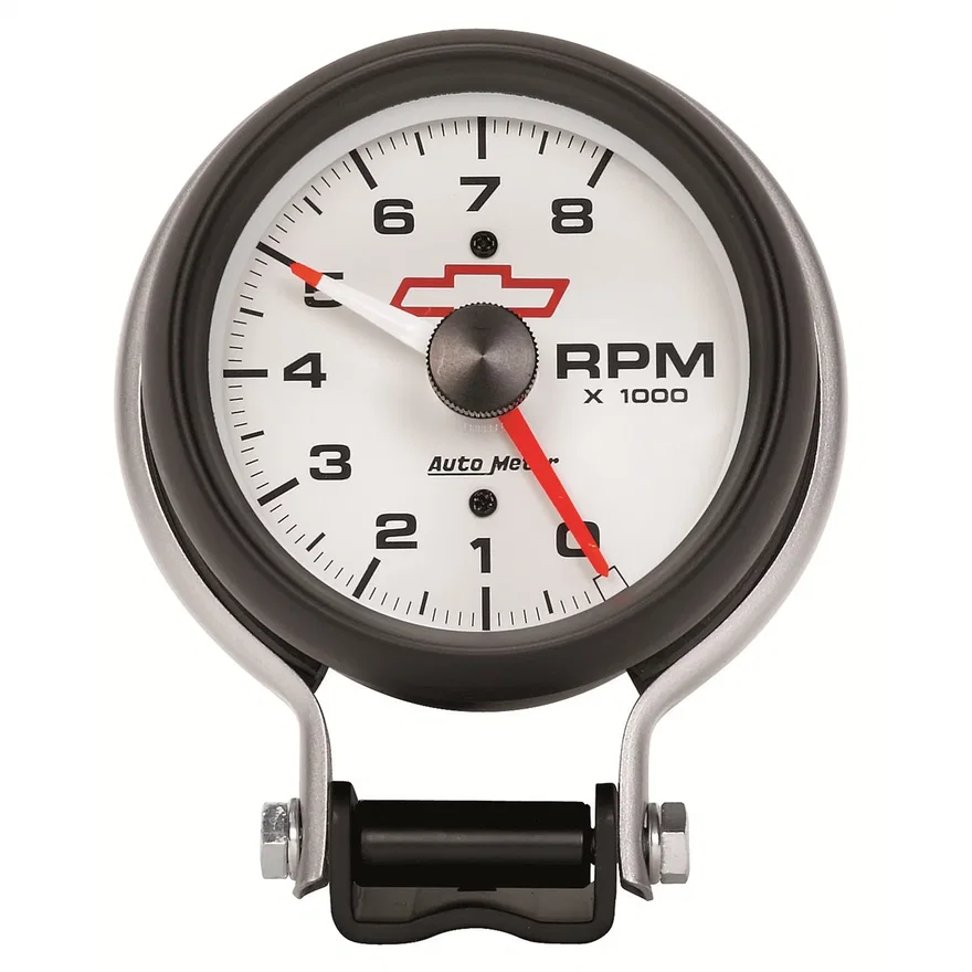 GAUGE; TACHOMETER; 3 3/4in.; 8K RPM; PEDESTAL W/RED LINE; CHEVY RED BOWTIE; WHIT