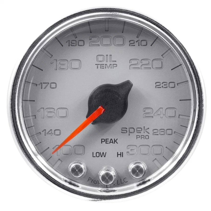 GAUGE; OIL TEMP; 2 1/16in.; 300deg.F; STEPPER MOTOR W/PK/WRN; SLVR/CHRM; SPEK-PR
