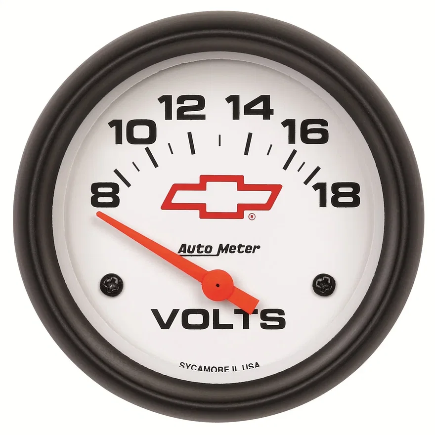 GAUGE; VOLTMETER; 2 5/8in.; 18V; ELECTRIC; CHEVY RED BOWTIE; WHITE