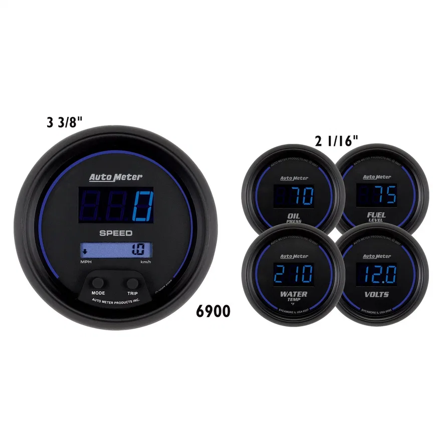 GAUGE KIT; 5 PC; 3 3/8in./2 1/16in.; ELEC SPEEDOMETER; DIGITAL; BLK W/BLUE LED