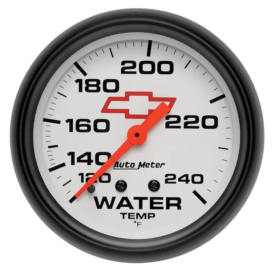 GAUGE; WATER TEMP; 2 5/8in.; 120-240deg.F; MECHANICAL; CHEVY RED BOWTIE; WHITE