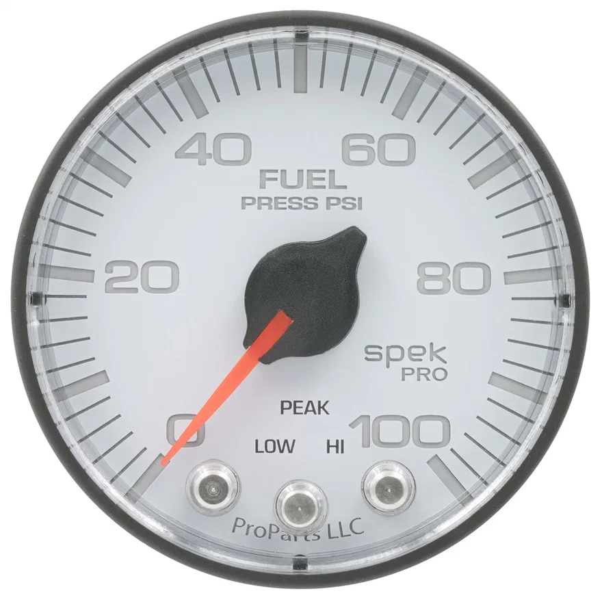 GAUGE; FUEL PRESS; 2 1/16in.; 100PSI; STEPPER MOTOR W/PEAK/WARN; WHT/BLK; SPEK