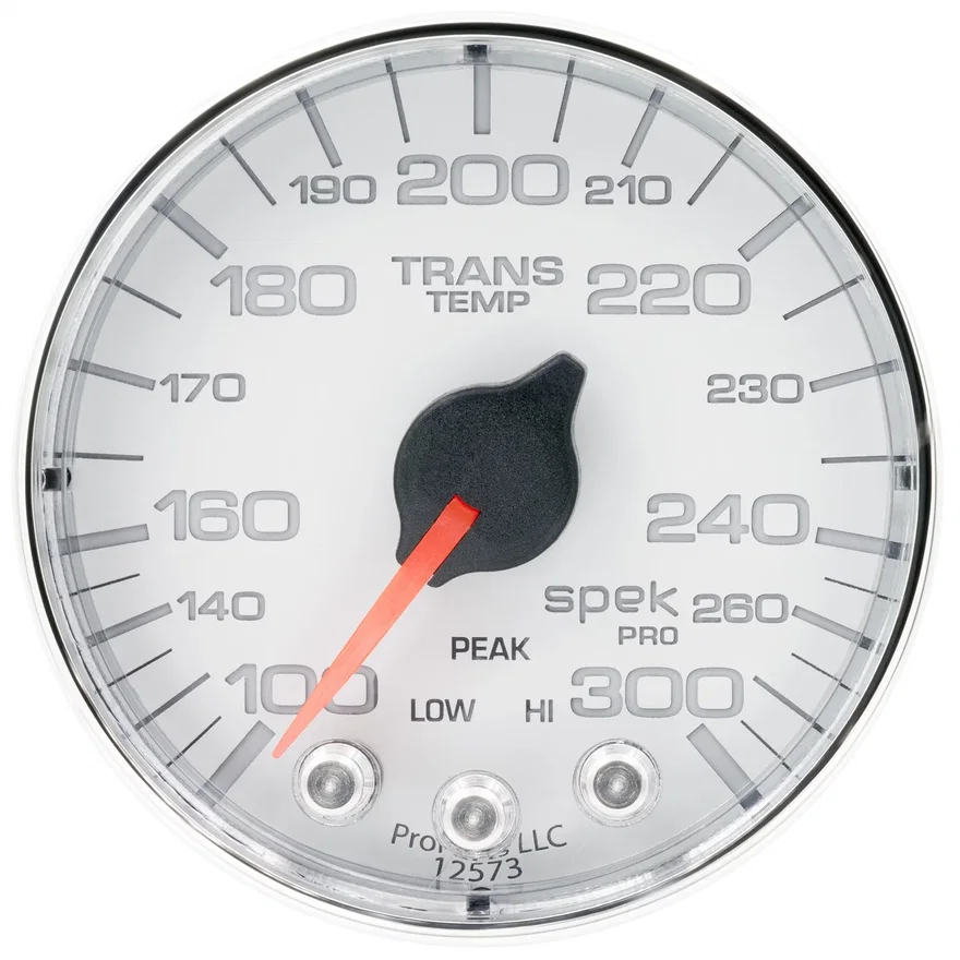 GAUGE; TRANS TEMP; 2 1/16in.; 300deg.F; STEPPER MOTOR W/PK/WRN; WHT/CHRM; SPEK-P