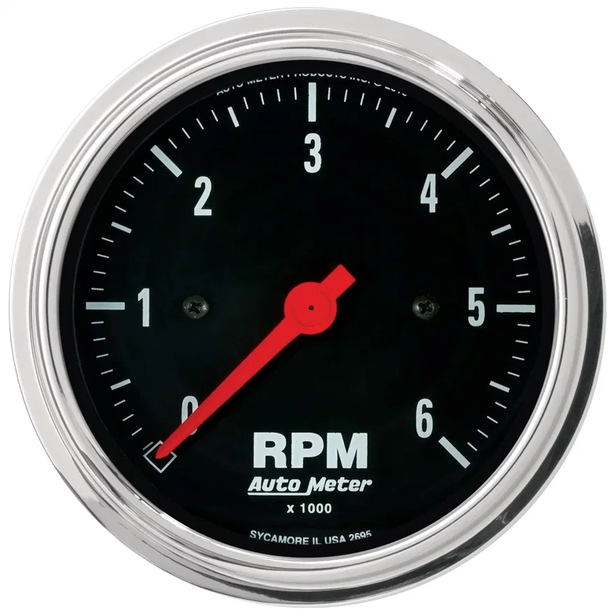 GAUGE; TACHOMETER; 3 3/8in.; 6K RPM; IN-DASH; TRADITIONAL CHROME