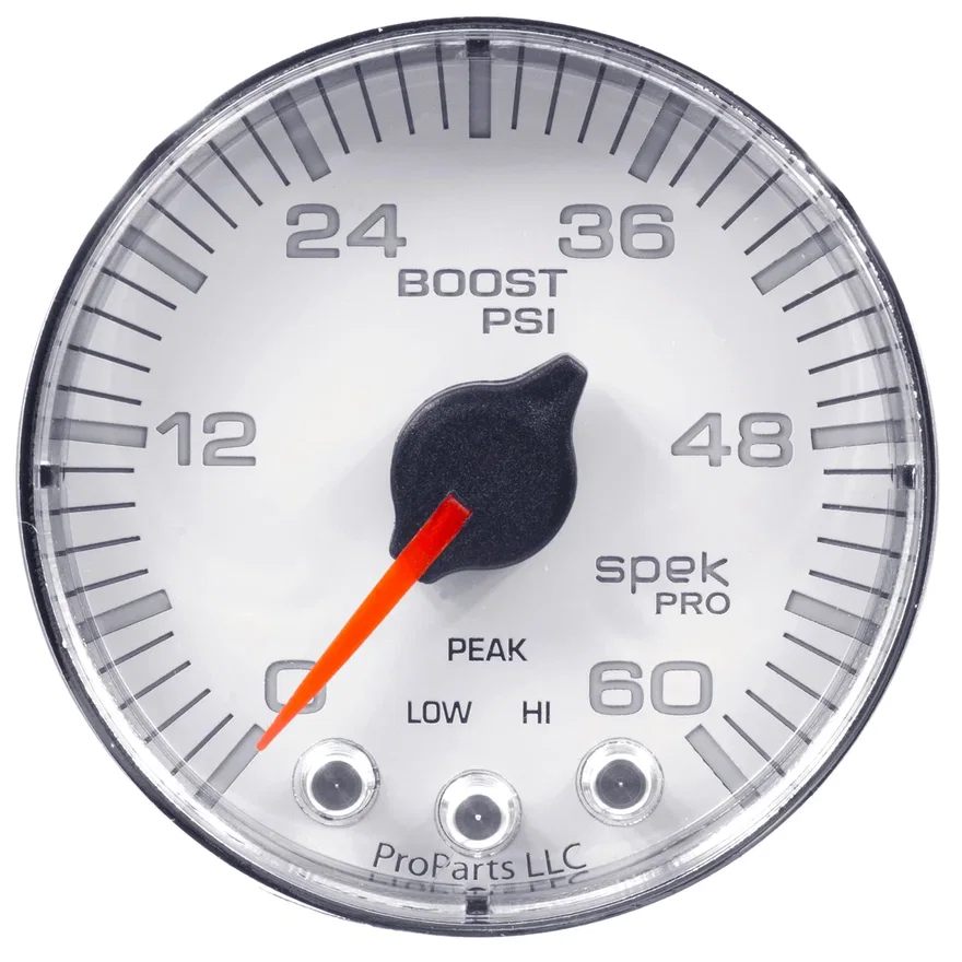 GAUGE; BOOST; 2 1/16in.; 60PSI; STEPPER MOTOR W/PEAK/WARN; WHT/CHRM; SPEK-PRO