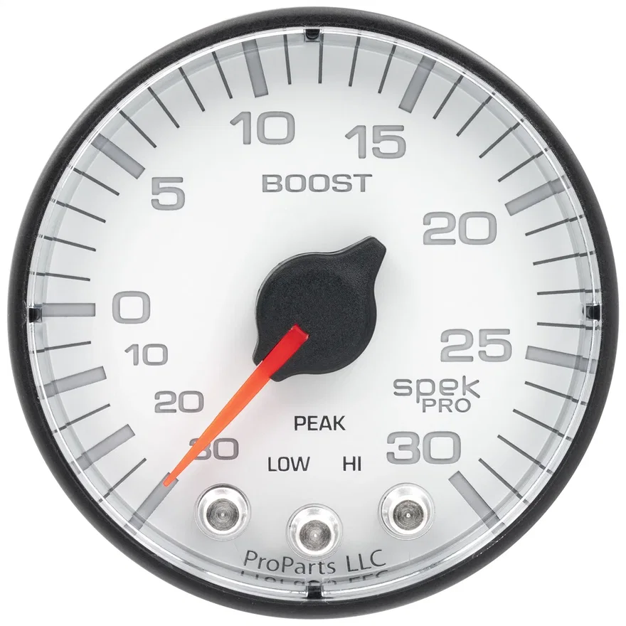 GAUGE; VAC/BOOST; 2 1/16in.; 30INHG-30PSI; STEPPER MOTOR W/PK/WRN; WHT/BLK; SPEK