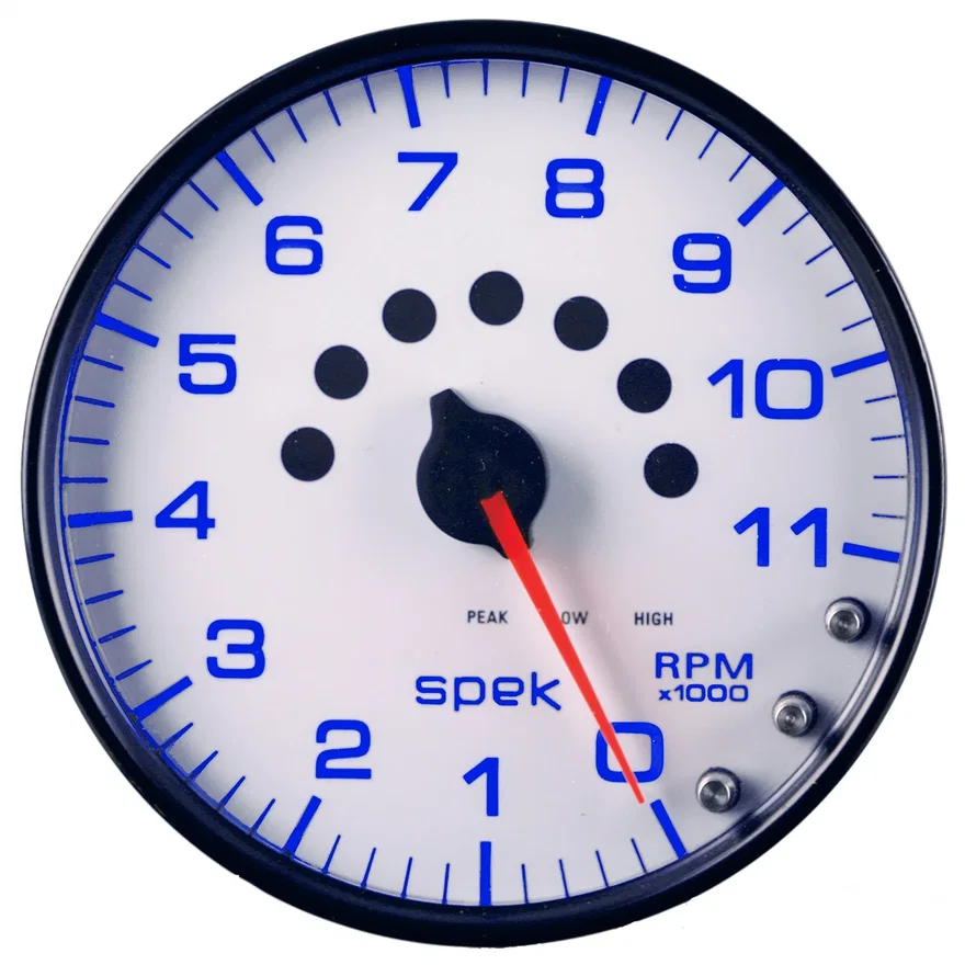 GAUGE; TACHOMETER; 5in.; 11K RPM; W/SHIFT LIGHT/PEAK MEM; WHITE/BLACK; SPEK-PRO