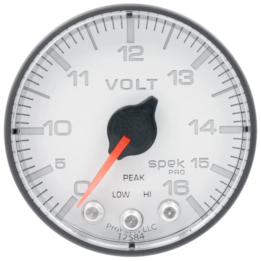 GAUGE; VOLTMETER; 2 1/16in.; 16V; STEPPER MOTOR W/PEAK/WARN; WHT/BLK; SPEK-PRO