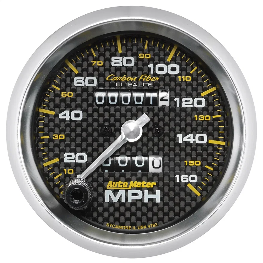 GAUGE; SPEEDOMETER; 3 3/8in.; 160MPH; MECHANICAL; CARBON FIBER